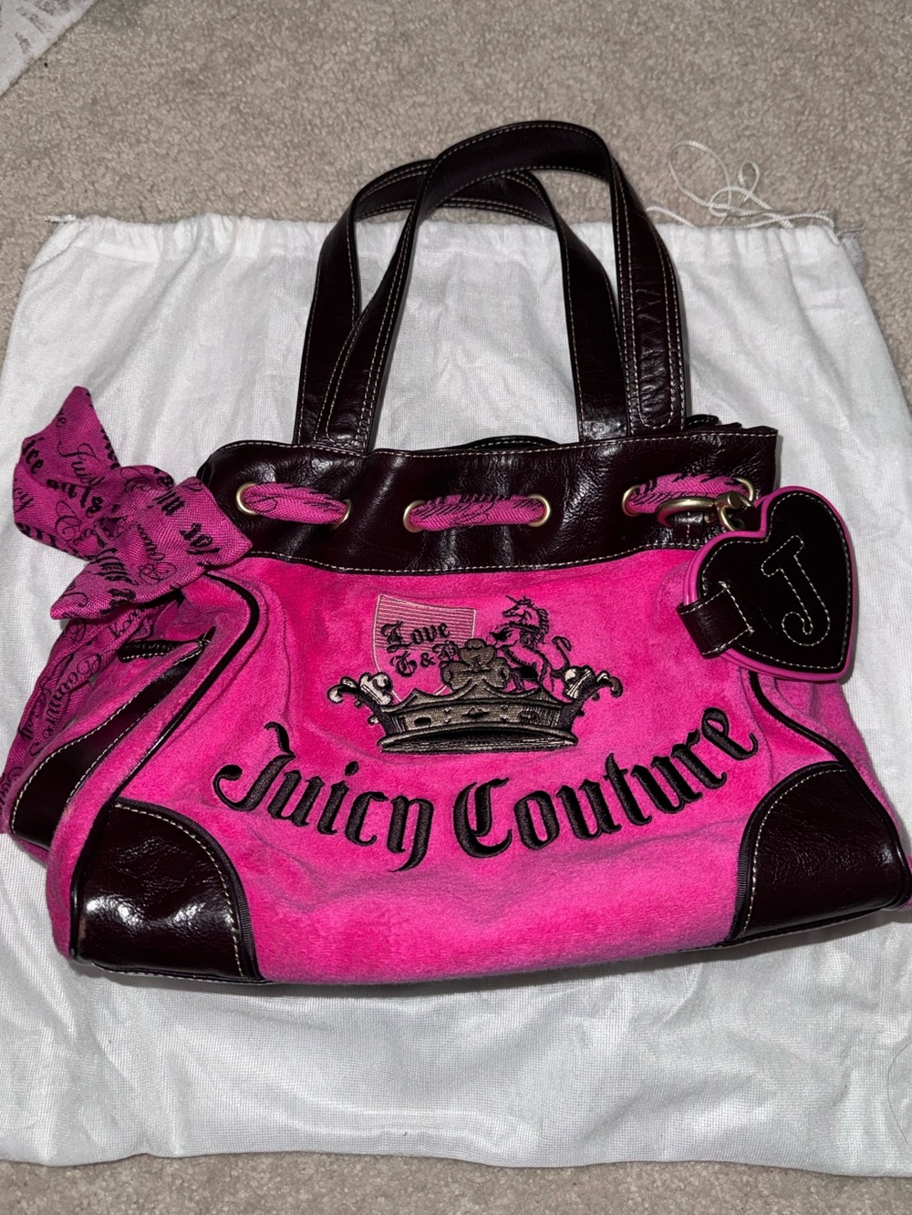 Juicy Couture Hot Pink Suede Tote with Dark Brown Trim Bag & Wallet
